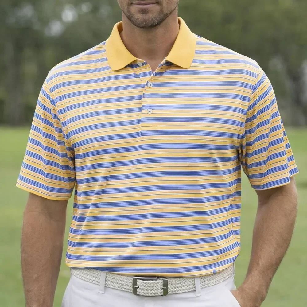 FootJoy Polo Shirt Men XL Yellow Blue Striped Short Sleeve Golf Performance